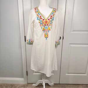 Lagopée Boho Embroidered Tunic Dress White Rayon Peasant Festival Resort Small